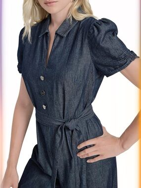 Dkny Belted polo collar Ruched Denim Short-Sleeve Jumpsuit